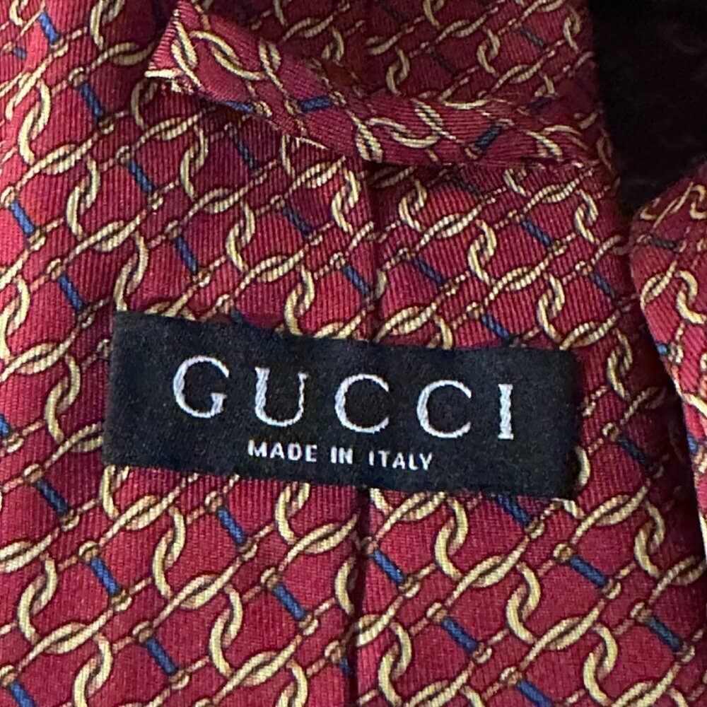 Gucci Logo Silk Tie Silver Red Gold Chain Plaid Chains Euc Mint Mens Man's Gift - Picture 7 of 8